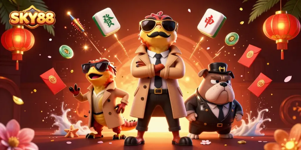 Engage with the vibrant world of SKY88's gambling adventures featuring animated raptors at a VIP casino lounge.