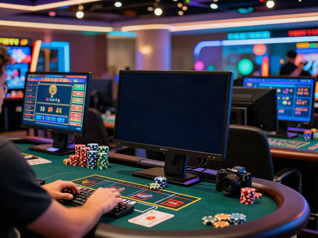 Dynamic online gaming action featuring ku88 player at a virtual casino table with vibrant digital displays.