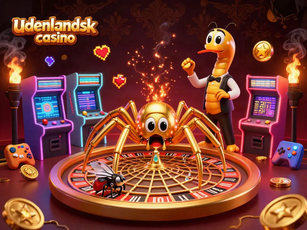 Experience the excitement of udenlandsk casino with a lively scene featuring a golden spider and vibrant arcade games.