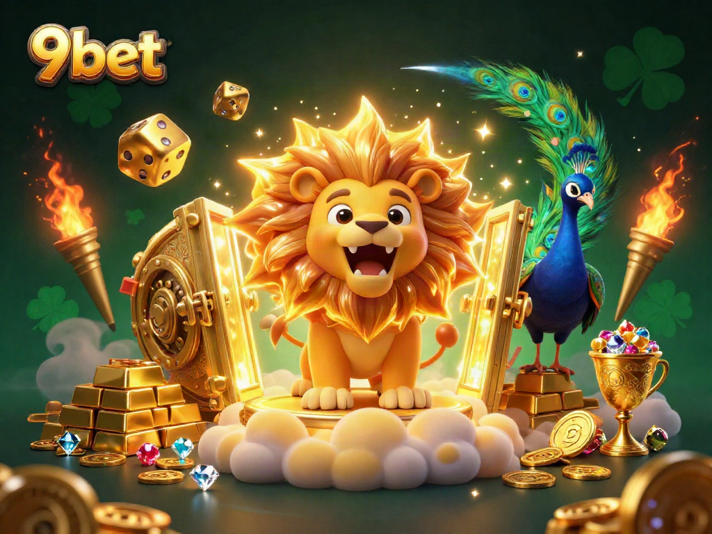 Experience the excitement of 9bet with a vibrant illustration of a roaring lion, golden dice, and treasure.