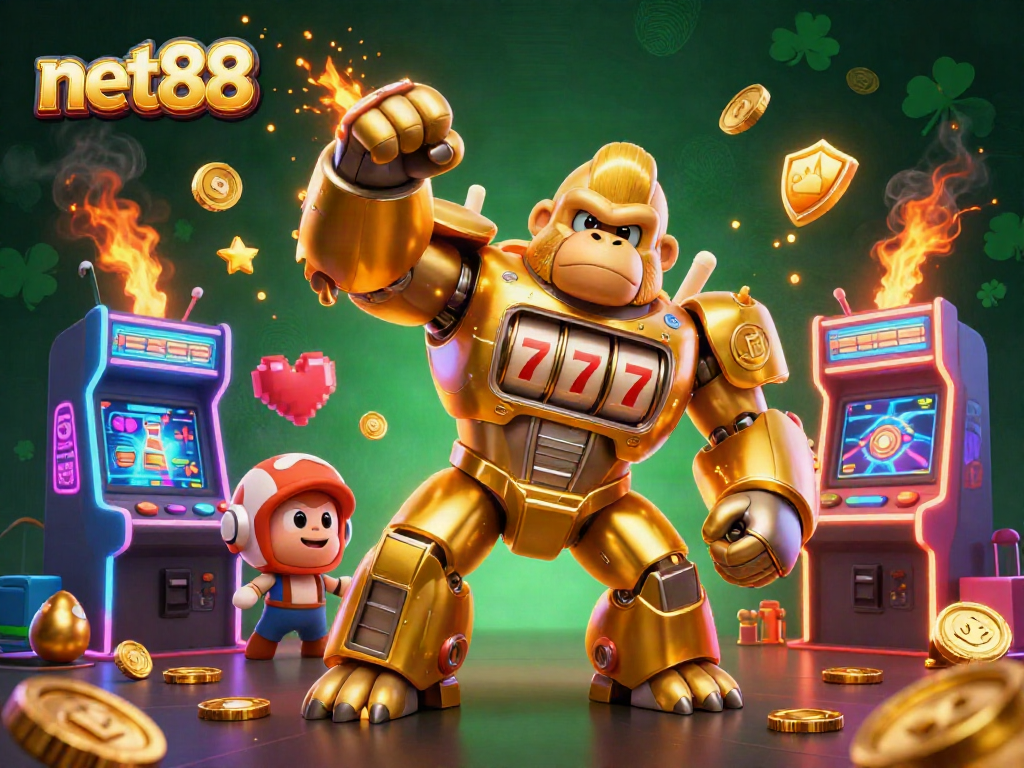 Experience thrilling wins with net88's immersive golden gorilla mech bursting with coins and game elements.