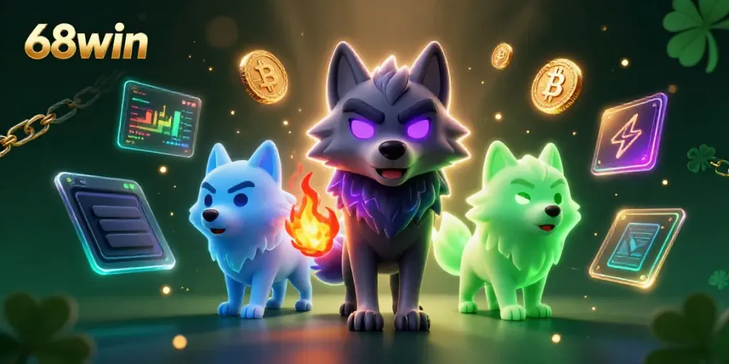 Experience the thrilling realm of 68win with a captivating animated scene showcasing wolf spirits and crypto symbols.