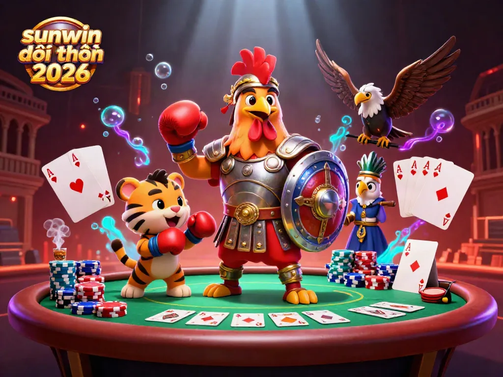 Engage in action-packed poker adventures with sunwin đổi thưởng 2026 featuring a gladiator rooster, tiger cub, and eagle.