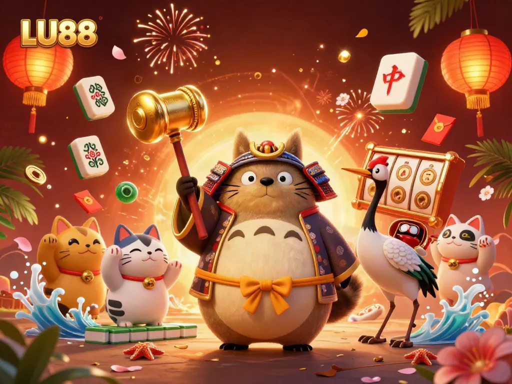 Engage in fun gaming adventures with LU88, featuring a cheerful tanuki and vibrant casino symbols.