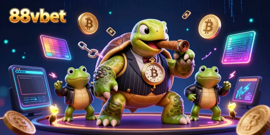 Experience the thrilling energy of 88vbet with a whimsical illustration of characters and cryptocurrency elements.