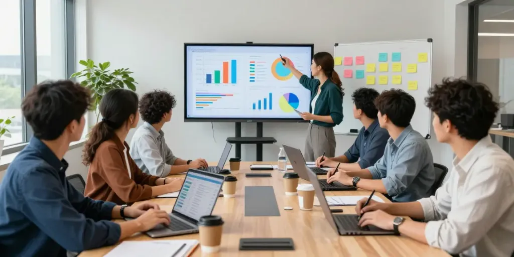 SEO-specialistenteam in een modern kantoor, strategisch bezig met online groei door middel van data-analyse.