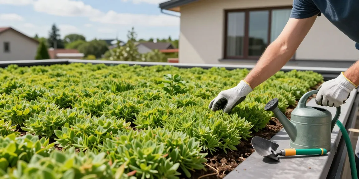 Gedetailleerd uitzicht op een sedumdak detail met bloeiende sedum planten, tuingereedschap en een heldere woonomgeving.