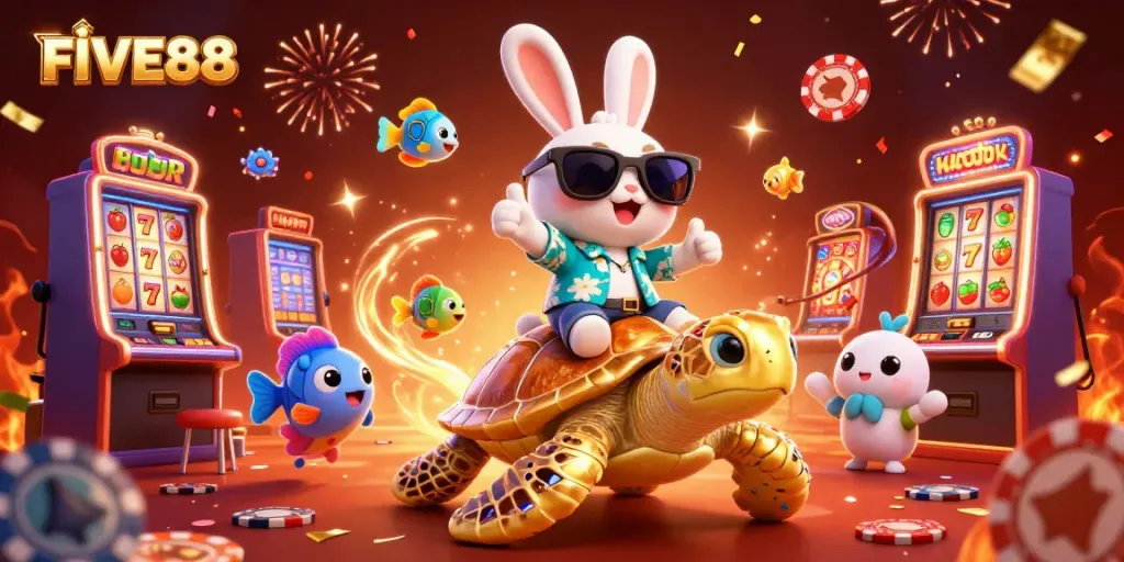 Experience the thrilling adventures of FIVE88 with vibrant casino elements expertly mixed into a dynamic scene.