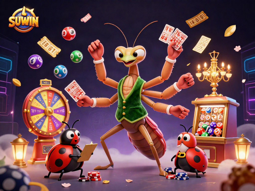 Suwin brings excitement with a 3D mantis dealer and ladybug pit boss in a vibrant casino scene.