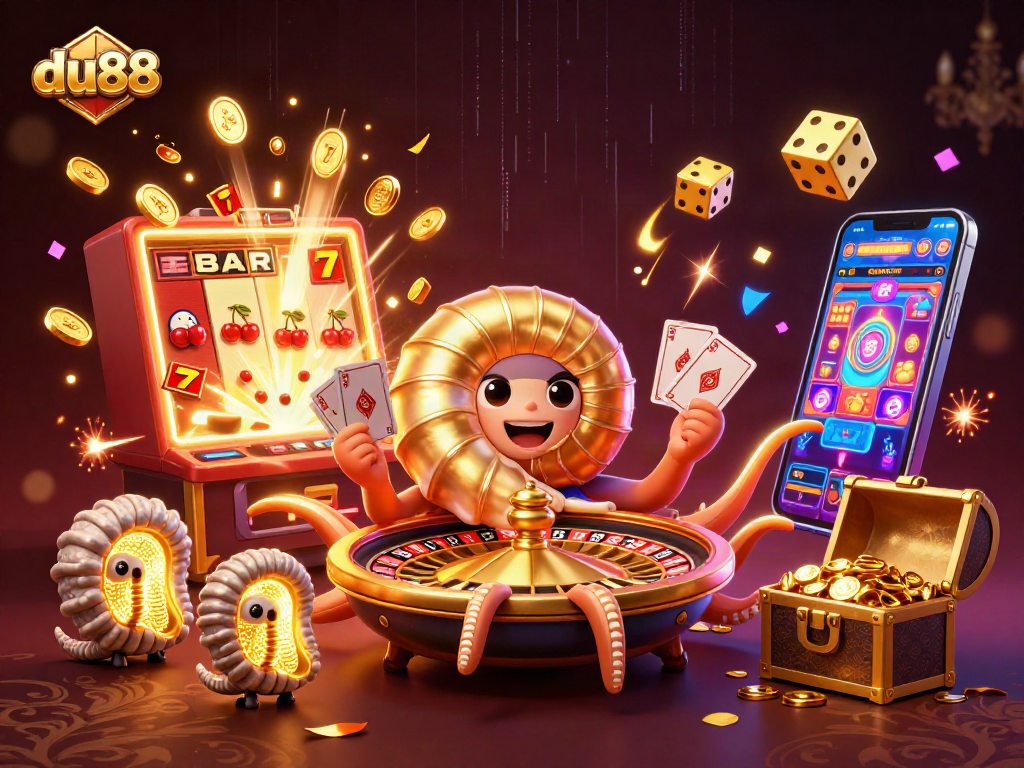 Experience vibrant gaming thrills at du88 with a lively 3D casino scene showcasing a nautilus and jackpot bursts.