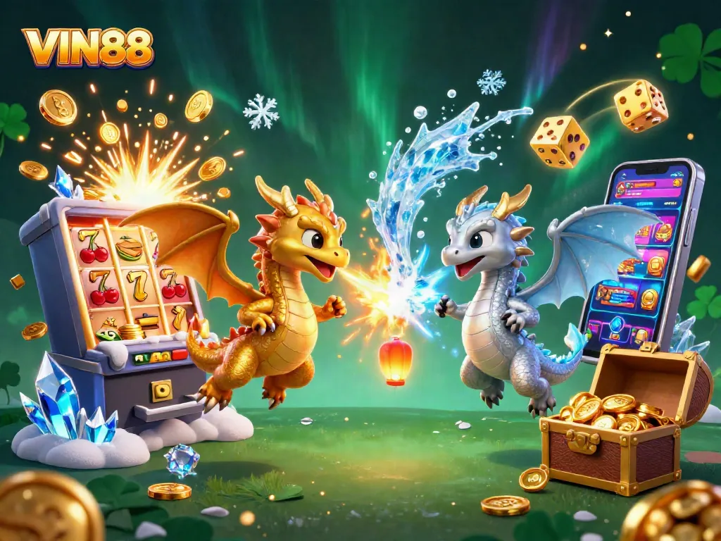 Experience exciting winnings with VIN88's vibrant 3D digital casino scene featuring dynamic dragons and jackpot elements.