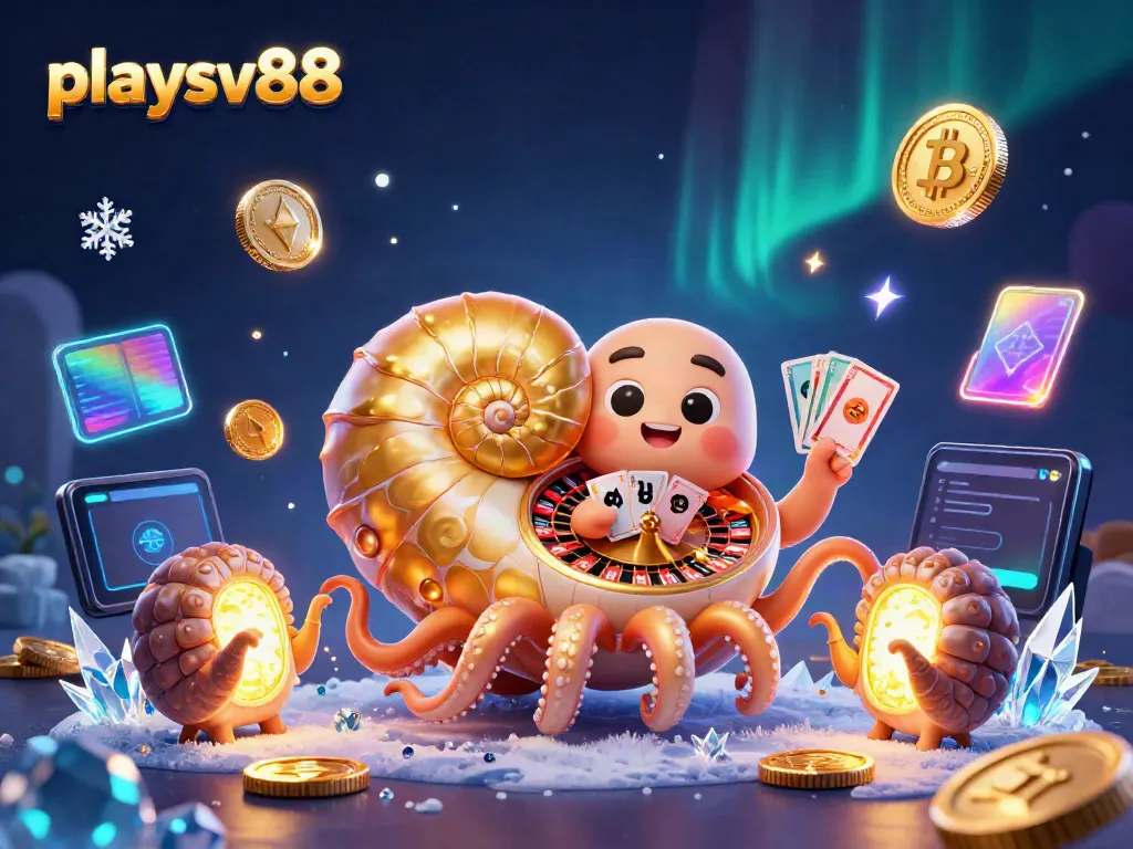 Explore playsv88's vibrant gambling universe with a giant nautilus roulette wheel and glowing crypto coins