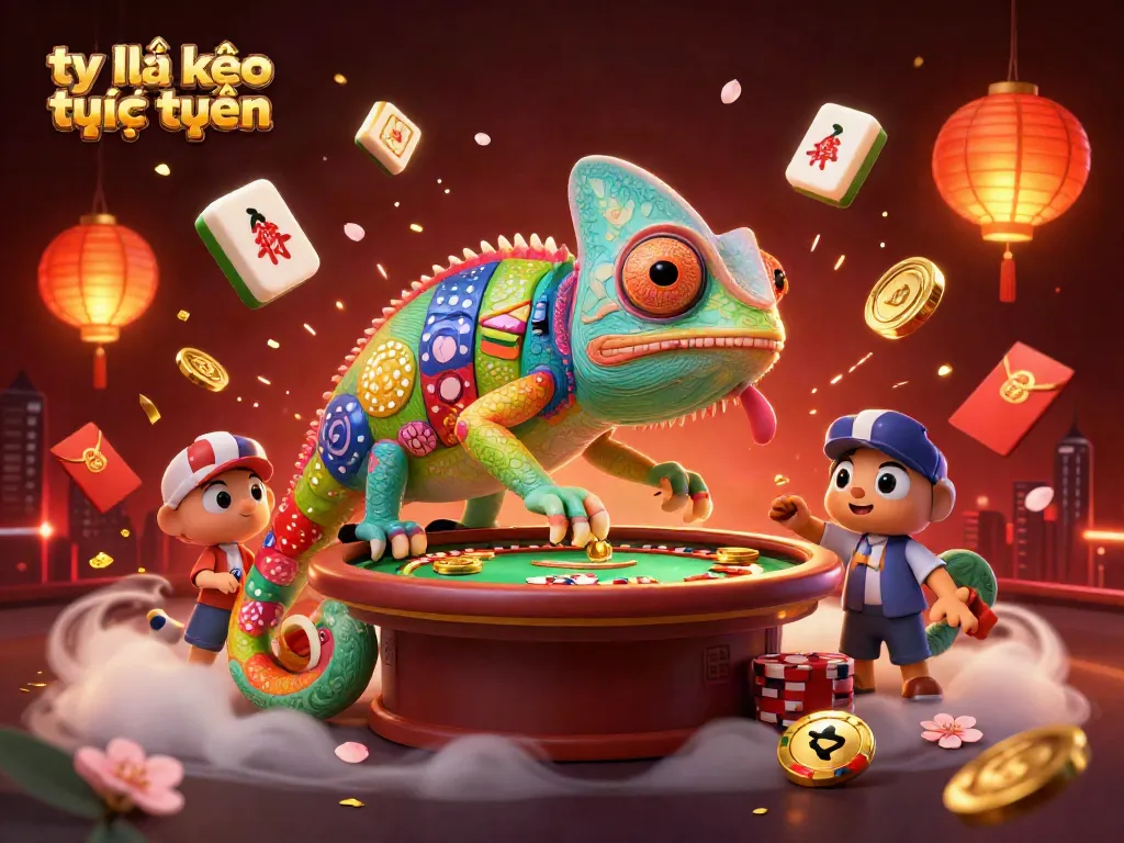 Place bets with tỷ lệ kèo trực tuyến amidst vibrant 3D casino action and colorful elements.