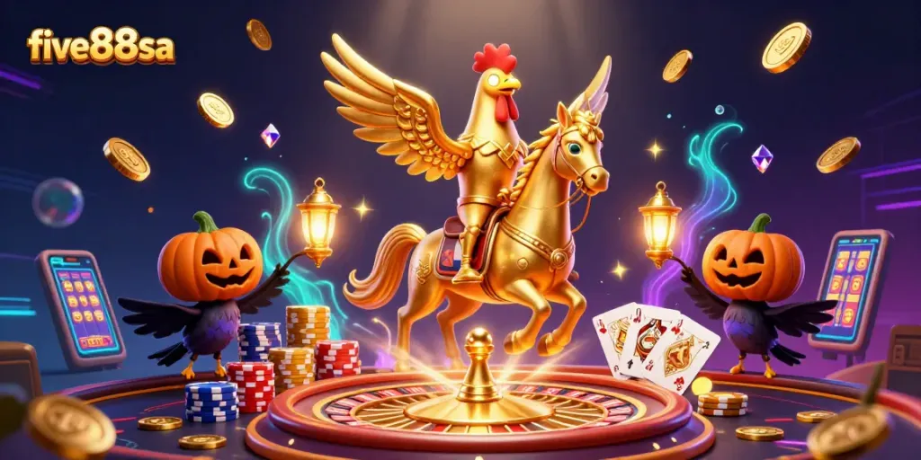 Experience exciting games at five88sa featuring a golden rooster in a lavish casino scene.