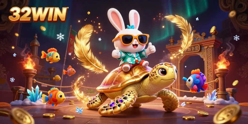 32WIN's energetic scene featuring lucky rabbit and golden sea turtle in a vibrant casino setting.