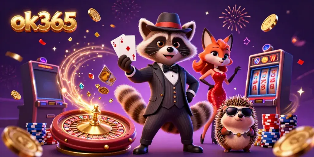 Experience the thrill of gaming at ok365 with a vibrant casino scene featuring cartoon characters and dynamic elements.