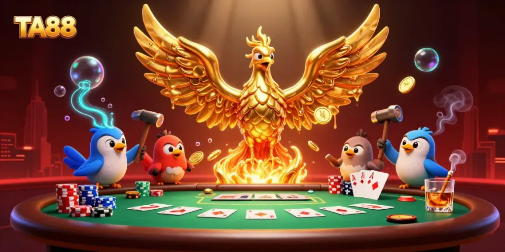 Master the TA88 experience with animated cards and vibrant poker action in a casino scene.