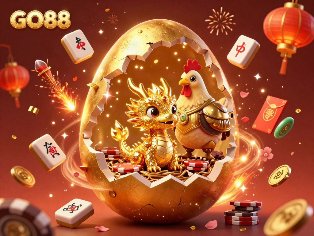 Experience GO88 with golden dragon and poker chips, rich casino elements for thrilling gaming.