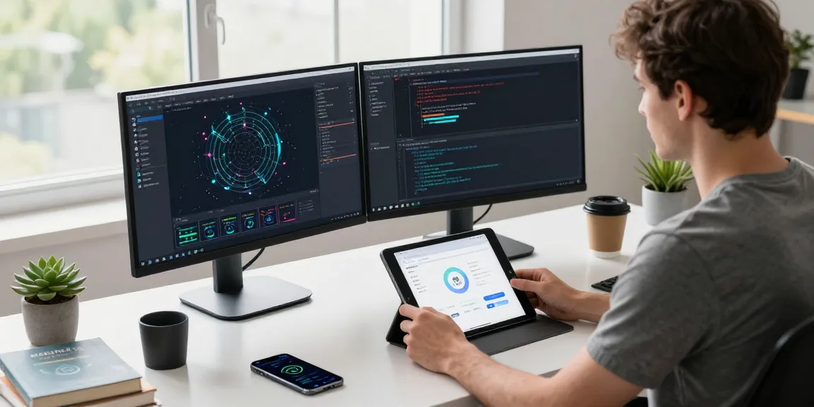 快连 network optimization workspace with developer analyzing software in a modern office.