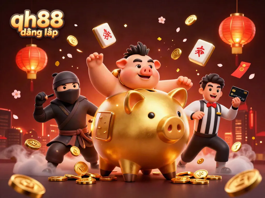 Experience qh88 đăng nhập excitement with animated characters and casino-themed visuals in a vibrant 3D scene.