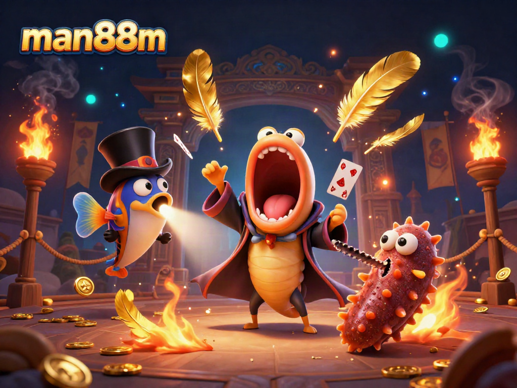 man88m's dynamic casino scene with a bioluminescent eel performing card tricks among magical elements and vibrant tokens.