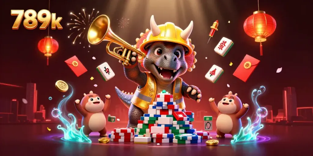 Watch as the 789k triceratops builds a vibrant poker chip pyramid amidst a celebration.