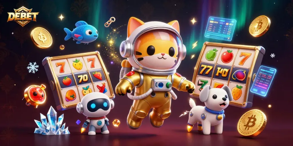 Experience exciting gambling with DEBET in a vibrant 3D cartoon casino illustration.