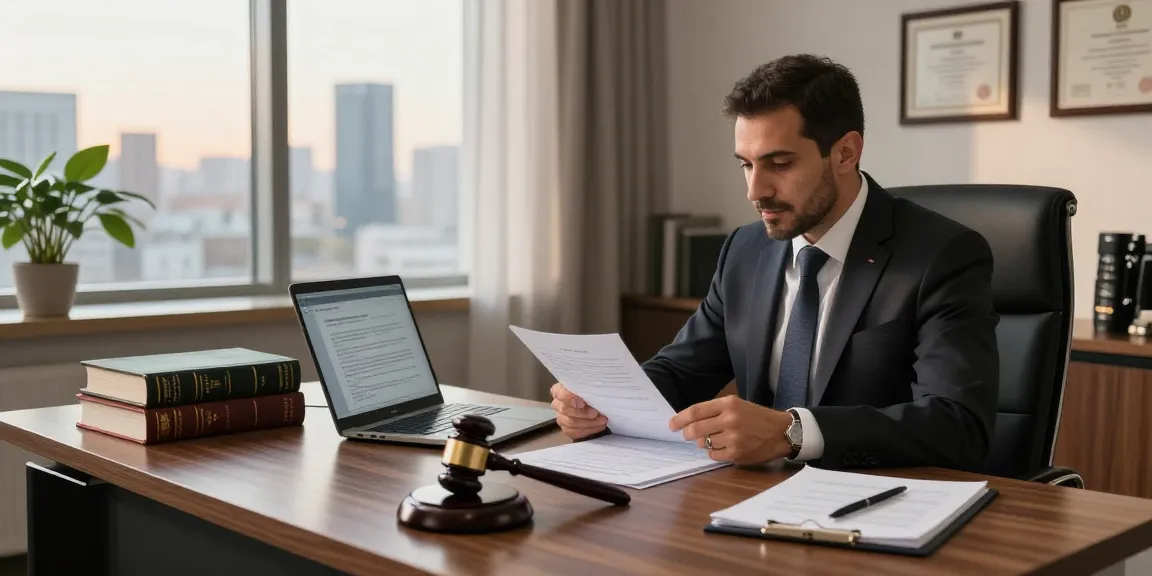 Turkish lawyer consulting at desk with legal documents and city skyline view.