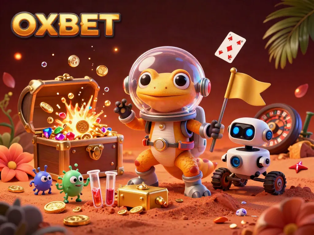 Experience OXBET's vibrant casino adventure with a Martian gecko and golden treasures.