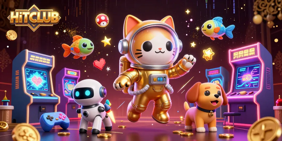 Engage with HITCLUB's vibrant gaming universe in this dynamic 3D illustration featuring lively characters and casino elements.