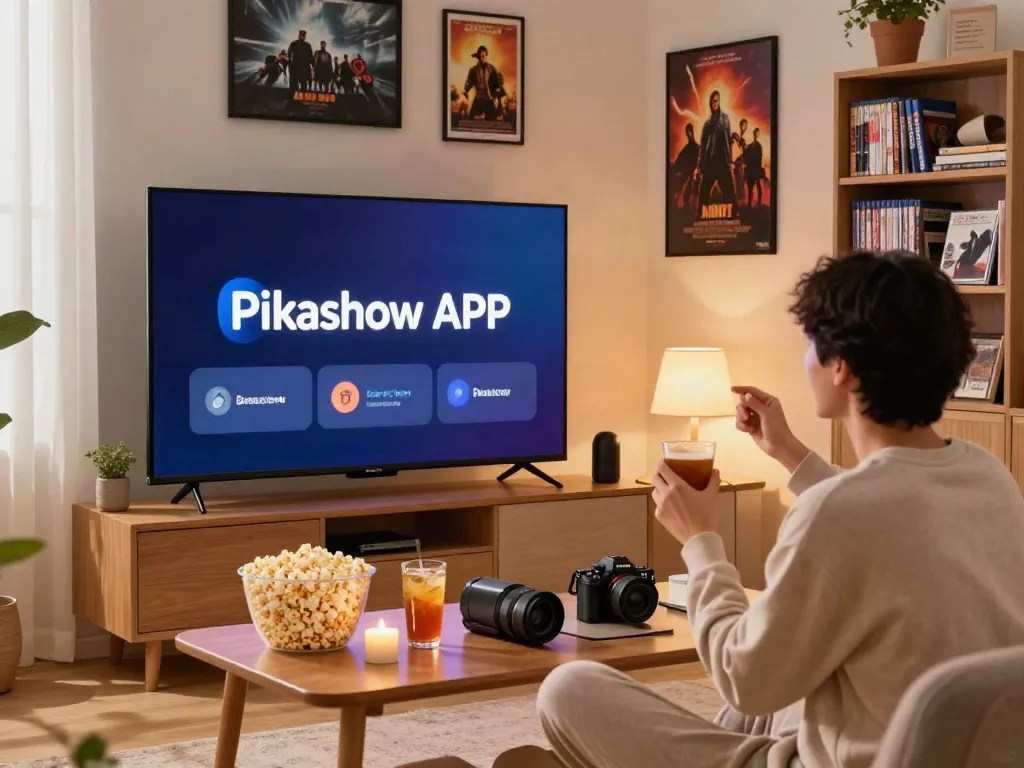 Pikashow APK user enjoying streaming movies on smart TV with cozy room setting.