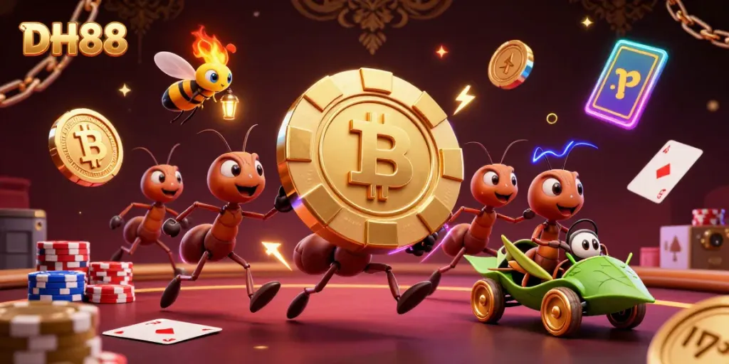 Bet big with DH88's golden poker chip heist, as ants scurry through an exciting casino-themed tunnel.
