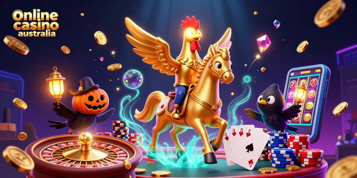 Experience vibrant play at an online casino Australia with a golden rooster and gaming elements.