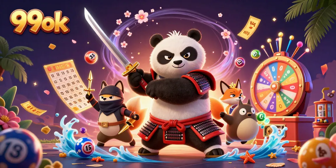 Engage with 99ok's vibrant gaming world featuring a samurai panda and ninja fox amidst an explosion of colorful lottery elements.