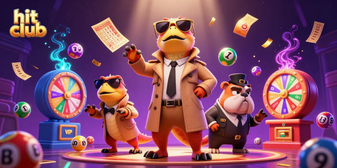 Hit club experience with raptors in trench coat entering casino, surrounded by festive lottery elements.