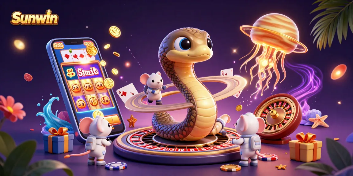 Sunwin casino players engaging with a dynamic 3D scene of slot games, roulette, and festive gaming elements.