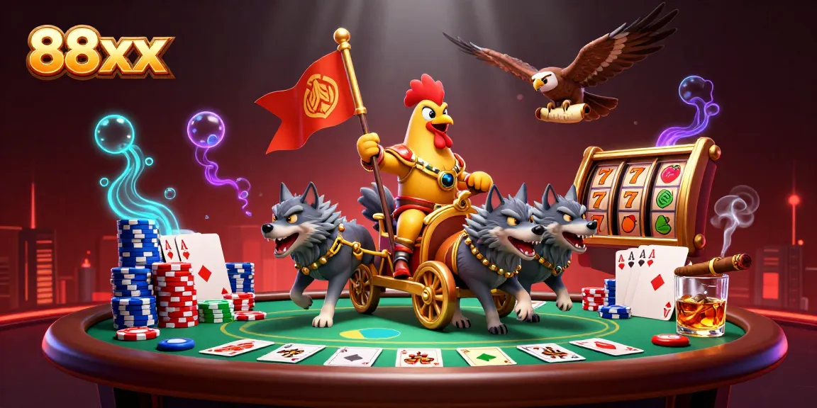 Engage in thrilling 88xx experiences with a rooster warlord showcasing casino elements in a vibrant 3D scene.