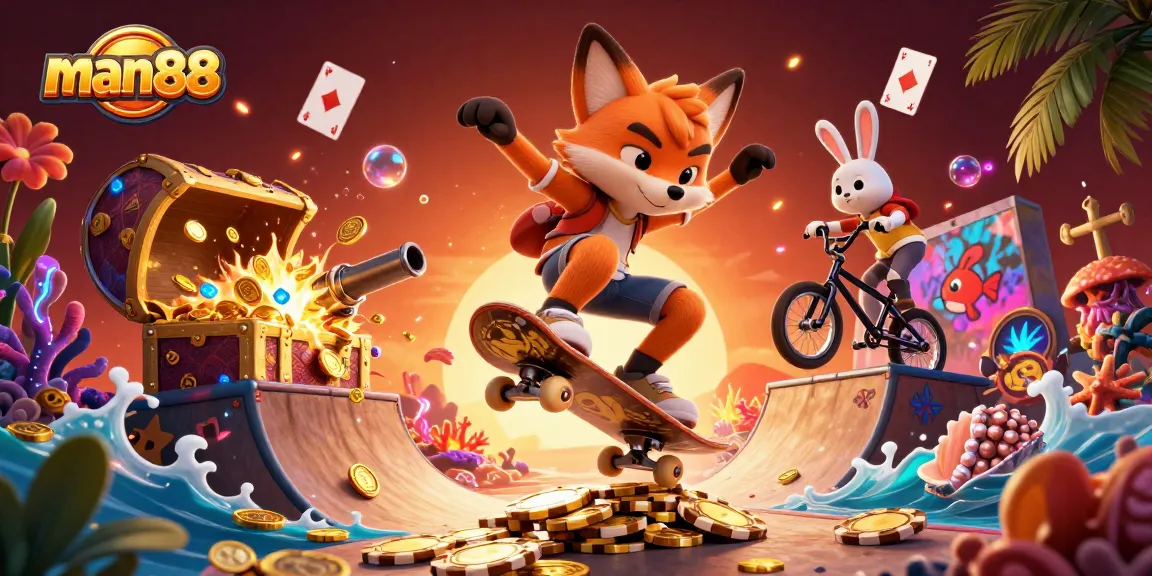 Join the action with man88 on an exciting kickflip adventure in a vibrant casino-themed world.