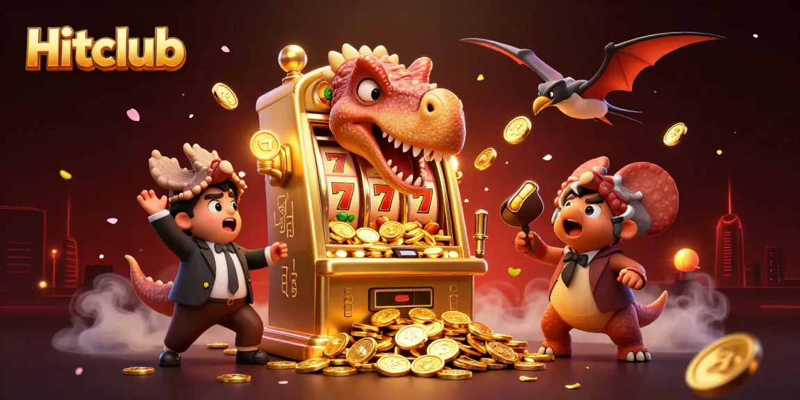 Hitclub characters celebrate a jackpot win as they interact with dynamic casino elements.