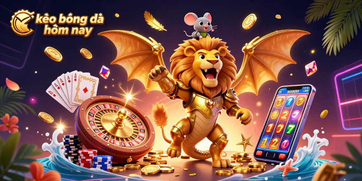 Experience thrilling excitement with kèo bóng đá hôm nay, featuring a roaring chimera and dynamic casino elements flying around.