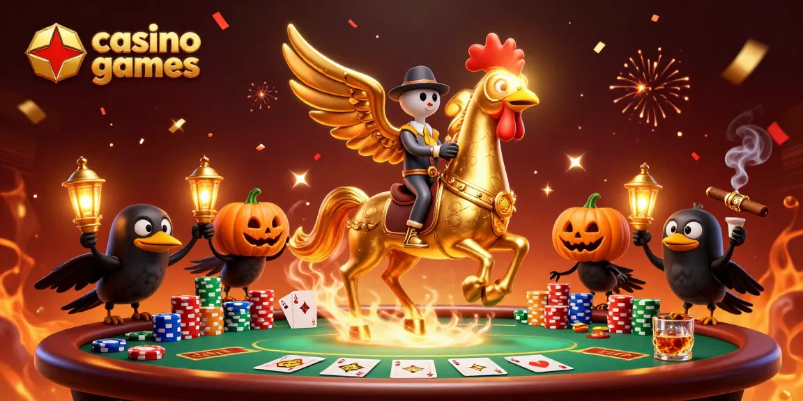Experience thrilling casino games with a golden rooster and poker elements in a vibrant midnight casino scene.